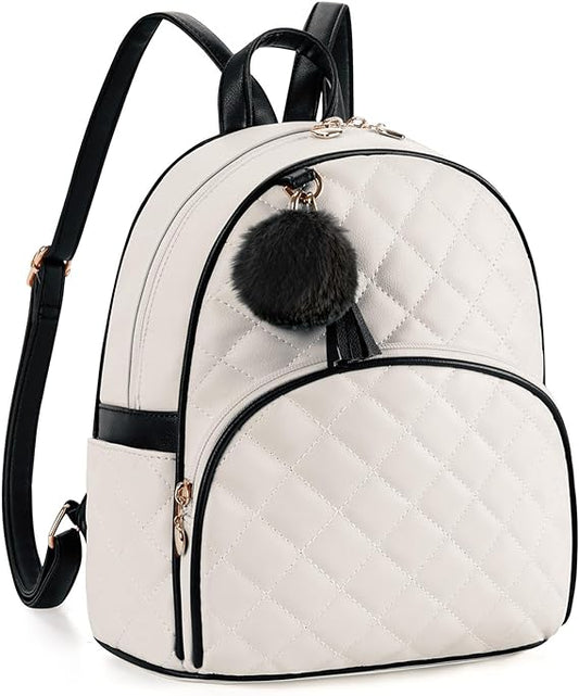 Backpack Women Leather Small Backpack Purse for Ladies Cute Pom Bookbag Travel Shoulder Bag with Charm Tassel